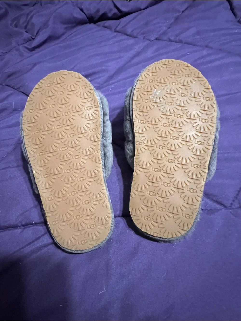 Girls UGG Gray Faux Fur Slide with Logo Strap